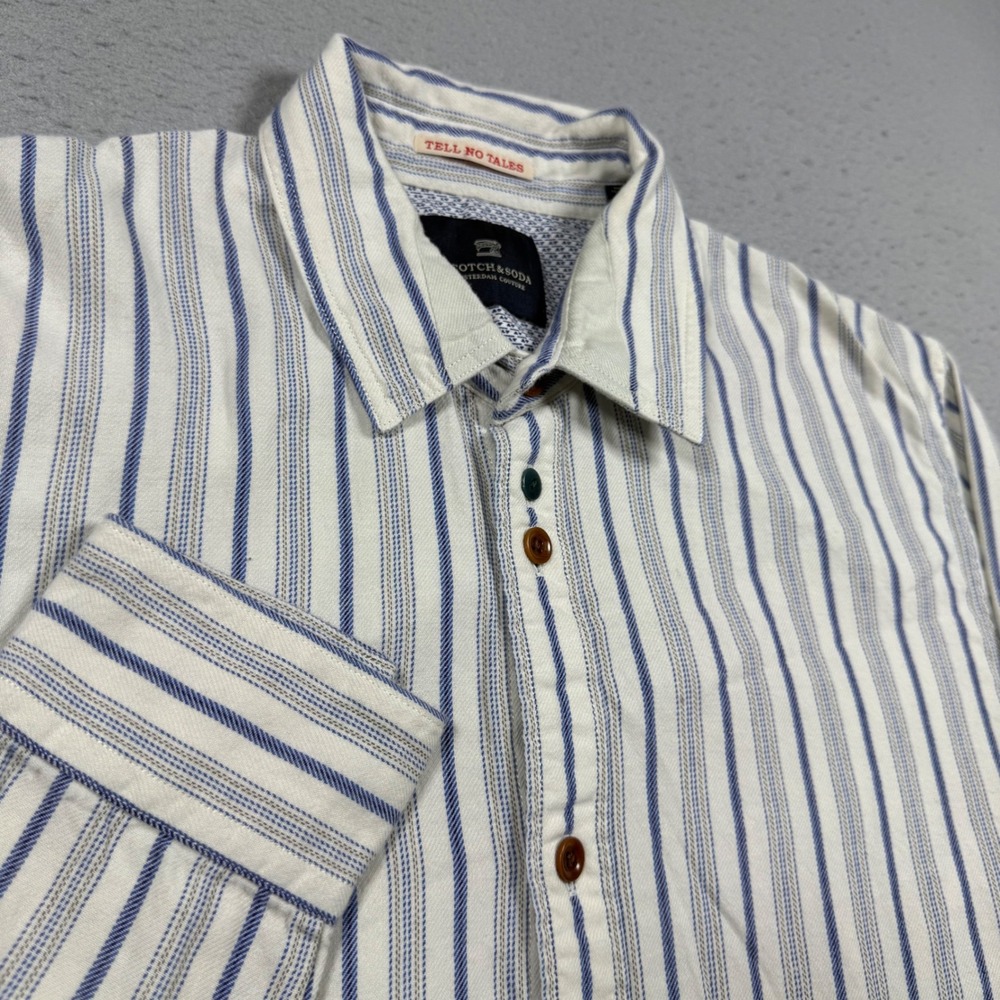 Scotch & Soda Mens Blue White Striped Long Sleeve Button Down Shirt Large